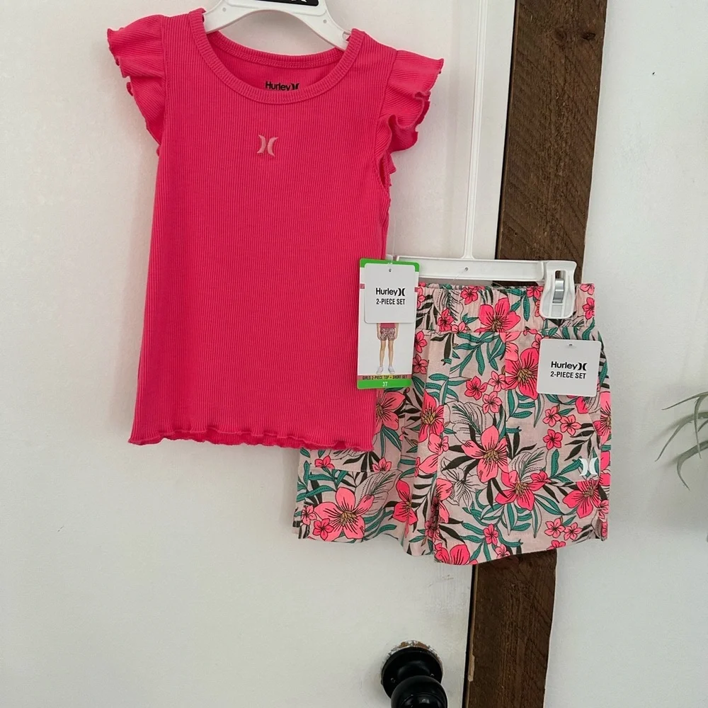 New Hurley Pink Top and Floral Shorts Set Size 3T Toddler Girl - Picture 2 of 12